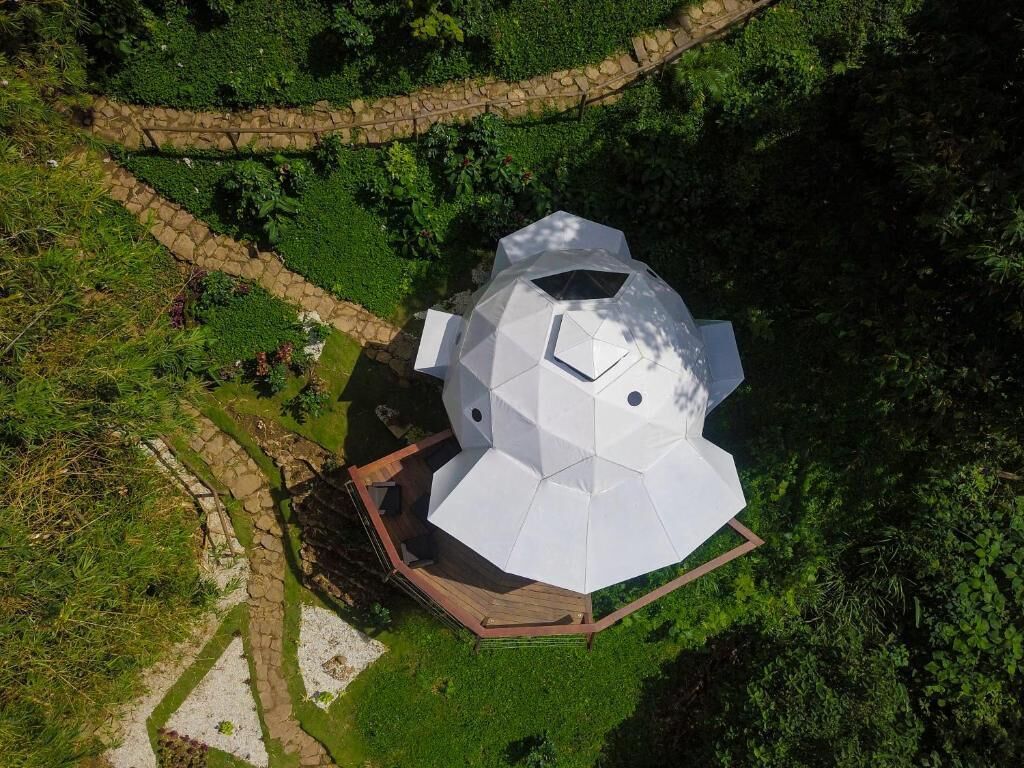 A geodesic dome structure surrounded by lush greenery and a stone pathway.