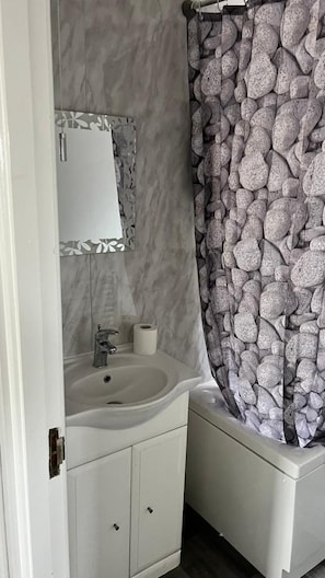 A bathroom with a white sink, a mirror, and a shower curtain with a stone pattern.