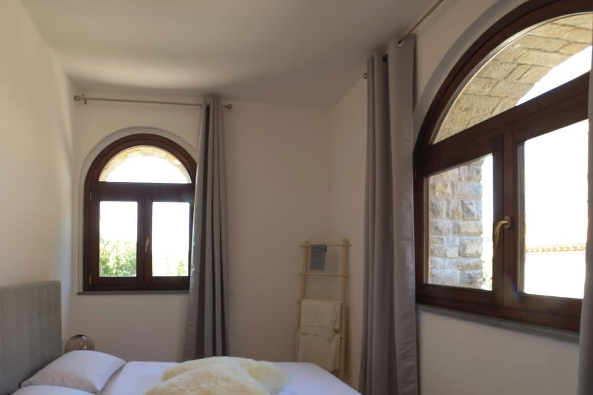 A bedroom with a bed, two windows, a ceiling light, and a wooden door.