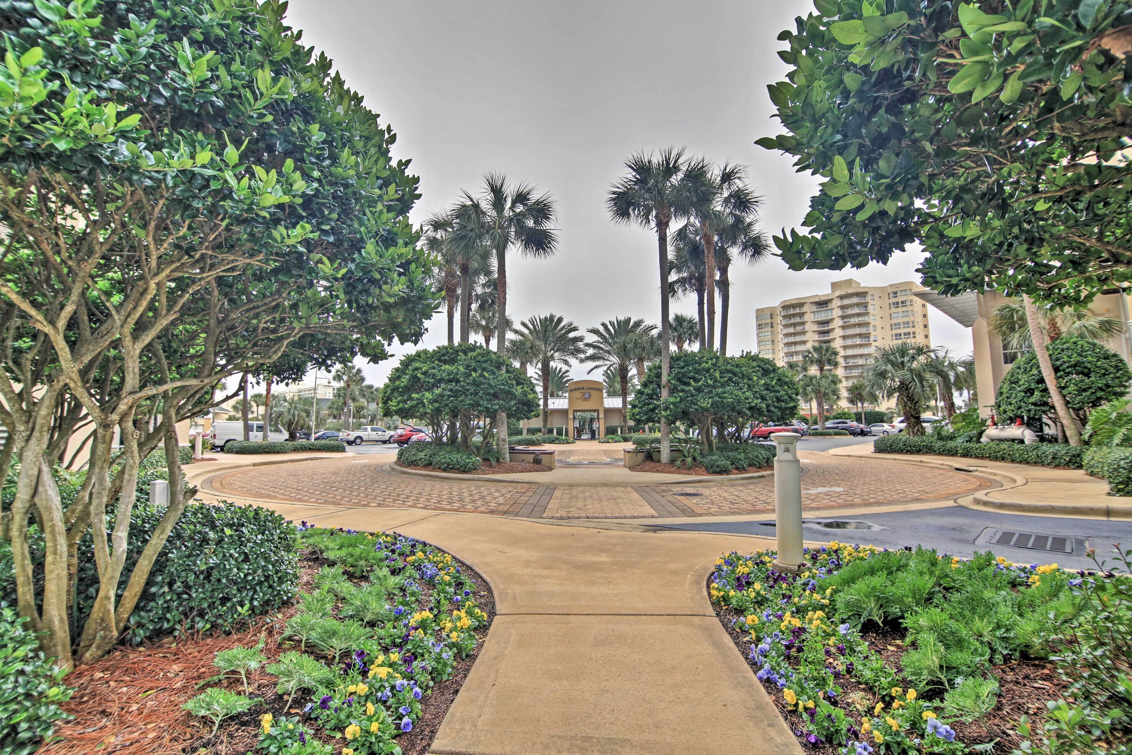 A landscaped area with a central pathway, surrounded by various plants and trees, leading to a building entrance.
