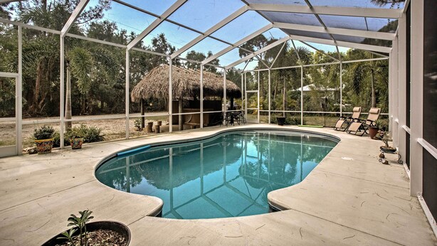 A covered swimming pool with a thatched roof structure, surrounded by potted plants and lounge chairs. - Bokeelia Cottage w/ Private Pool (Bokeelia)