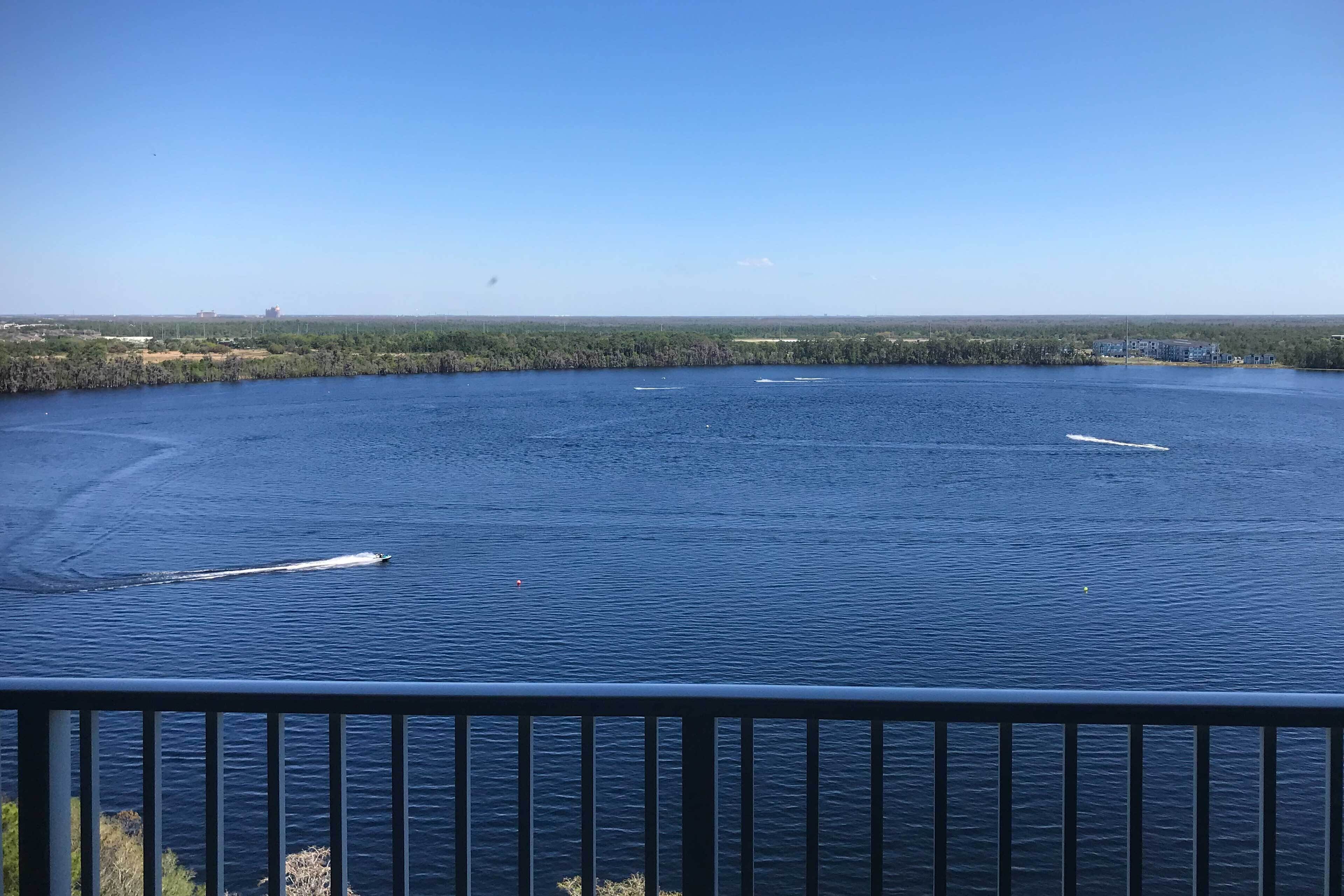 A view of a large body of water with a clear sky. There are no visible buildings or structures.