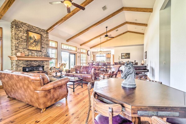 TV, fireplace, books