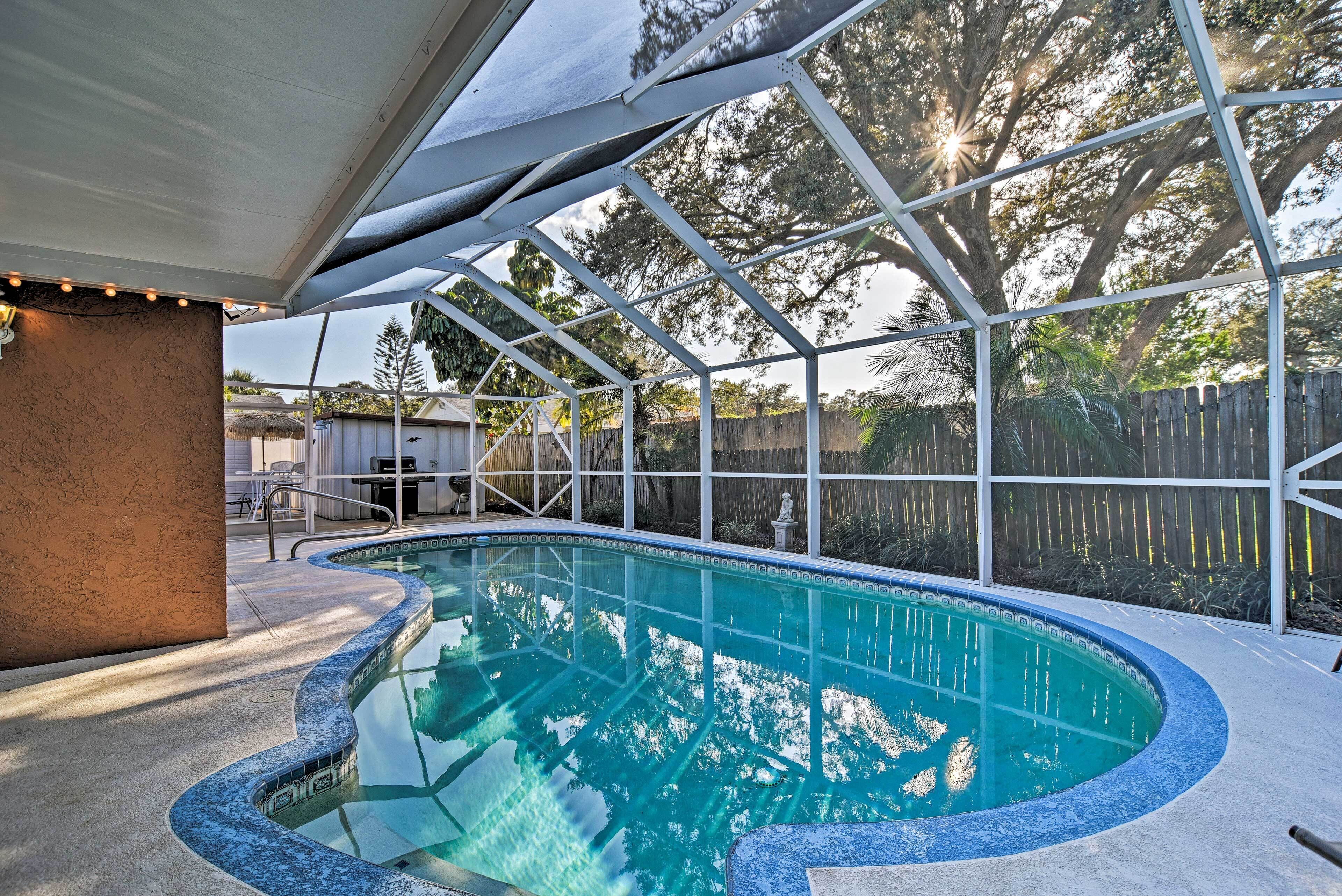 A swimming pool with a curved edge, surrounded by a covered area with a metal frame and string lights.