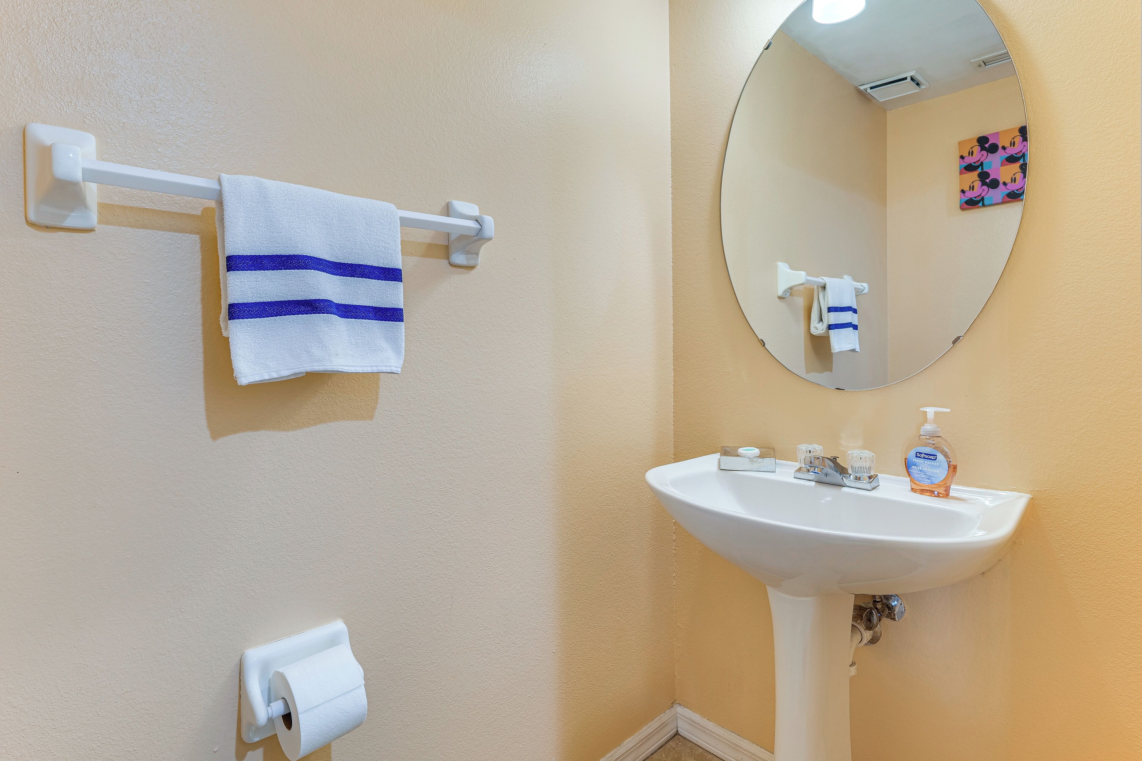 Un bagno con un lavandino bianco, uno specchio, un portasciugamani con un asciugamano e un porta rotolo di carta igienica.