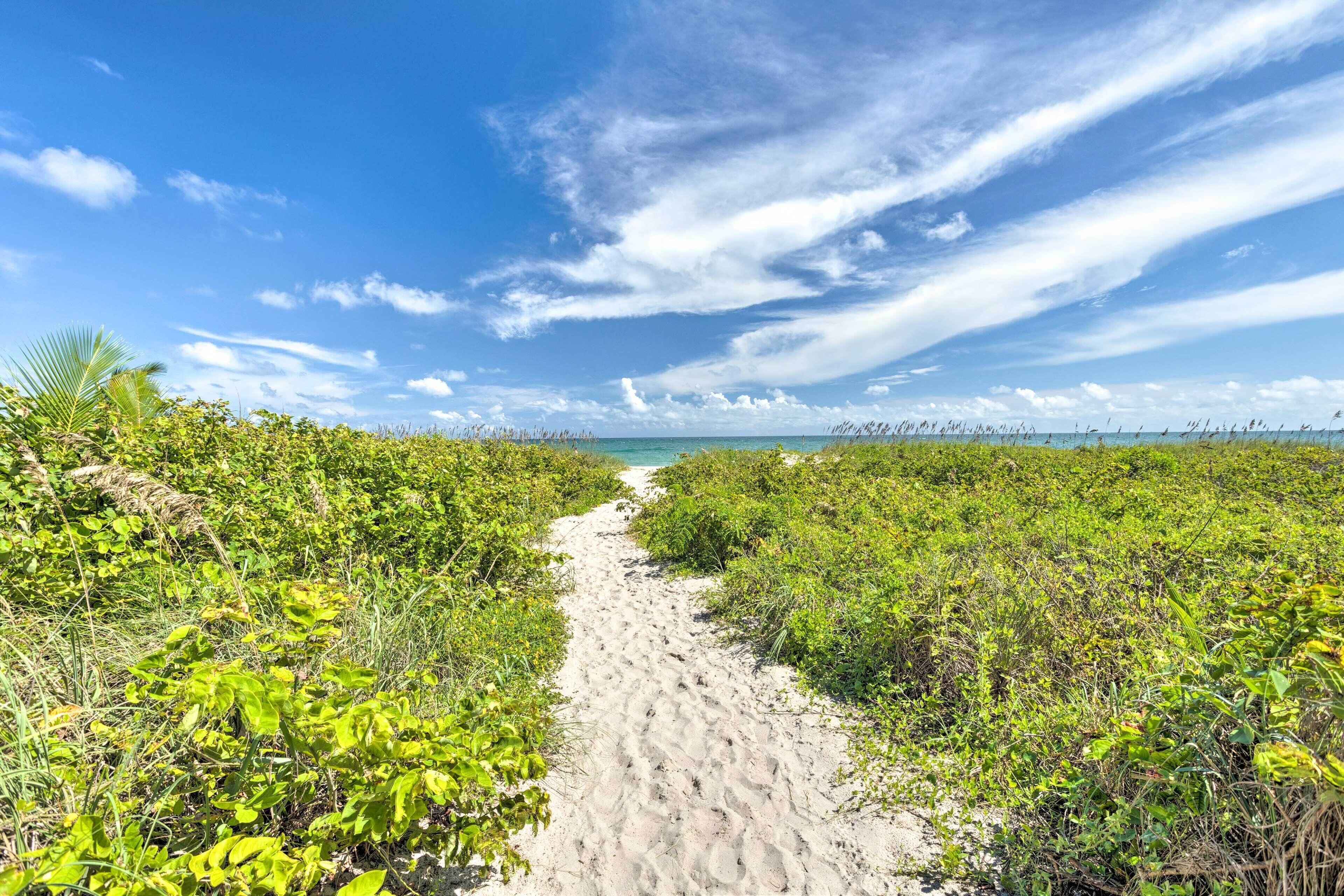 Un sendero arenoso que conduce a una playa, bordeada por abundante vegetación a ambos lados.