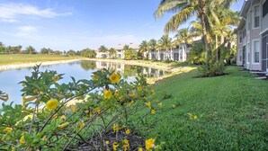 A serene lakeside view with a well-maintained lawn, palm trees, and a row of modern buildings. - Free Golf Until Oct! Naples Condo w/ Resort Pool (Naples)