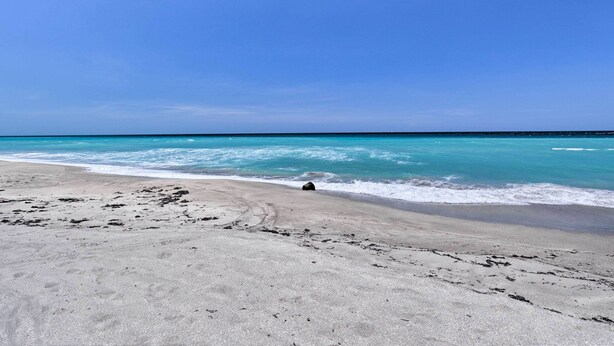 Una spiaggia con cielo sereno e mare calmo.