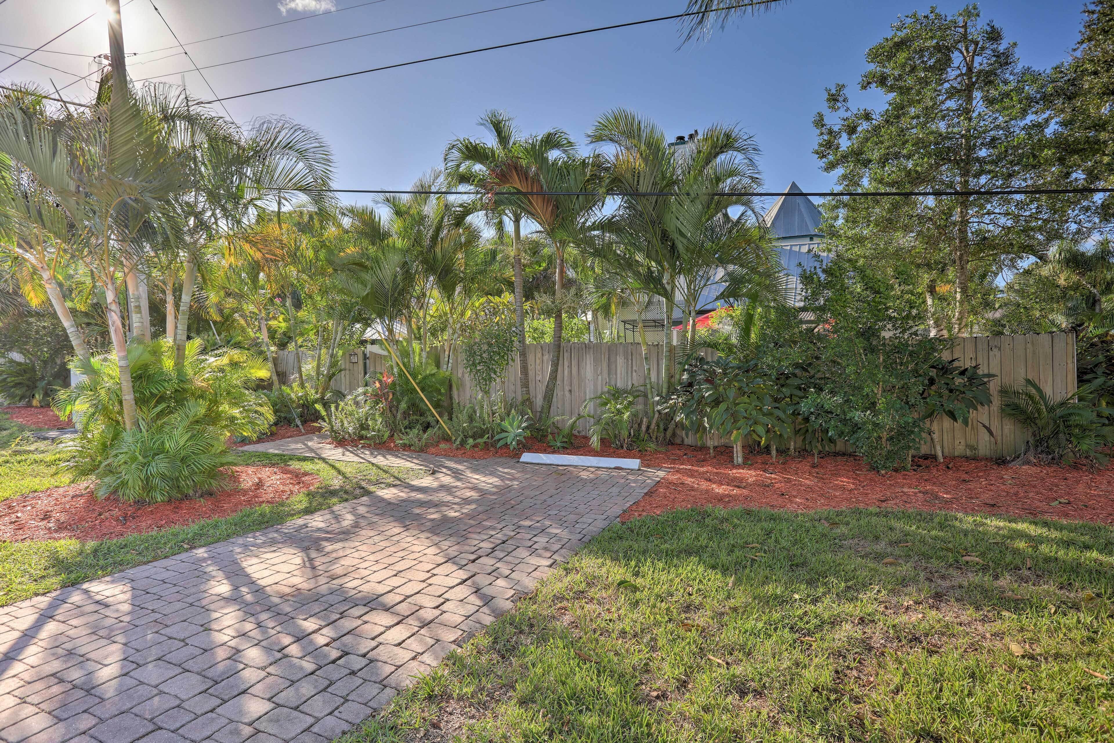 A paved pathway leading to a wooden fence with tropical plants.