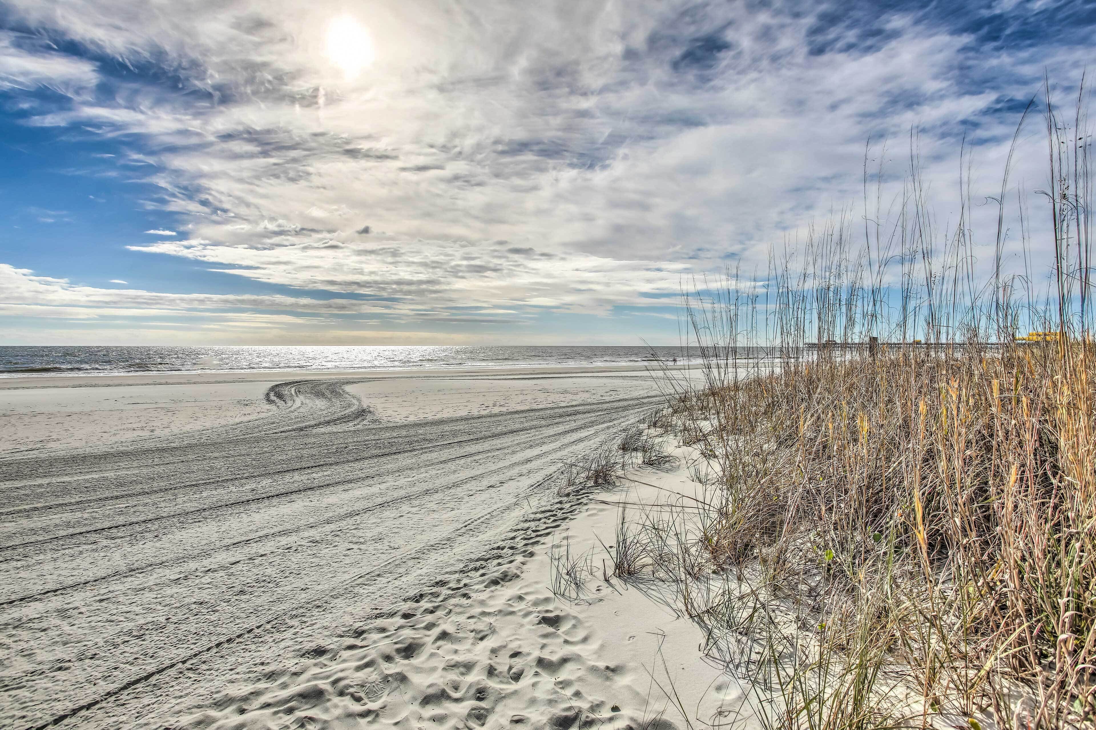 Une plage de sable où l’on voit des traces de pneus et où la végétation est clairsemée.
