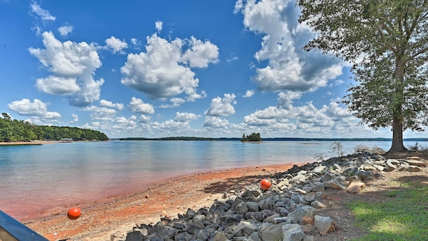 A lakeside view with a rocky shoreline, a tree, and a distant island. - Chic House w/ Private Dock on Lake Hartwell! (Townville)
