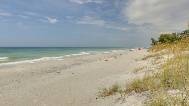 A beach with clear skies, calm waters, and sparse vegetation. - Vibrant Condo - Walk to Indian Rocks Beach! (Indian Rocks Beach)