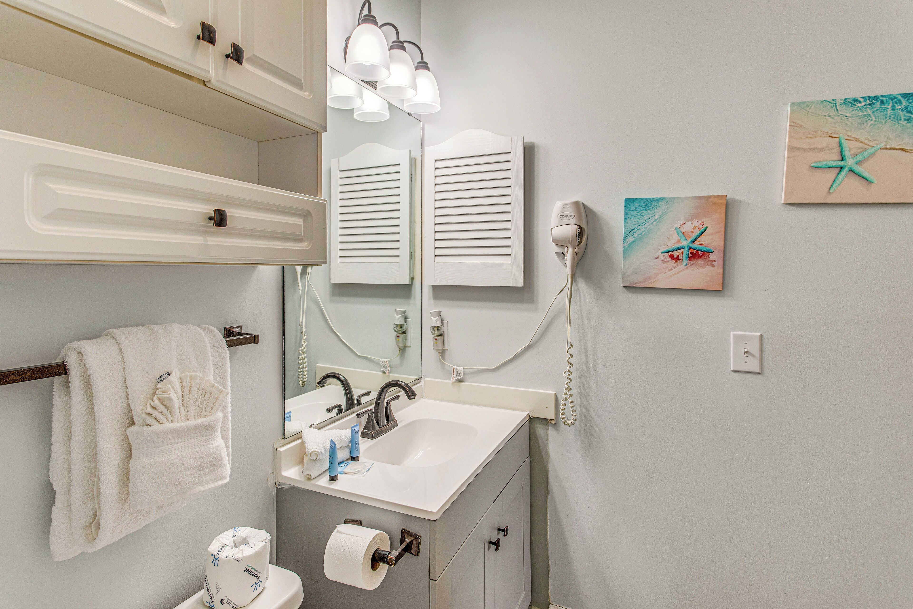 A bathroom with a sink, towel rack, toilet paper, and a hairdryer.