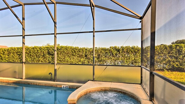 A hot tub and pool area with a view of a hedge and sky.