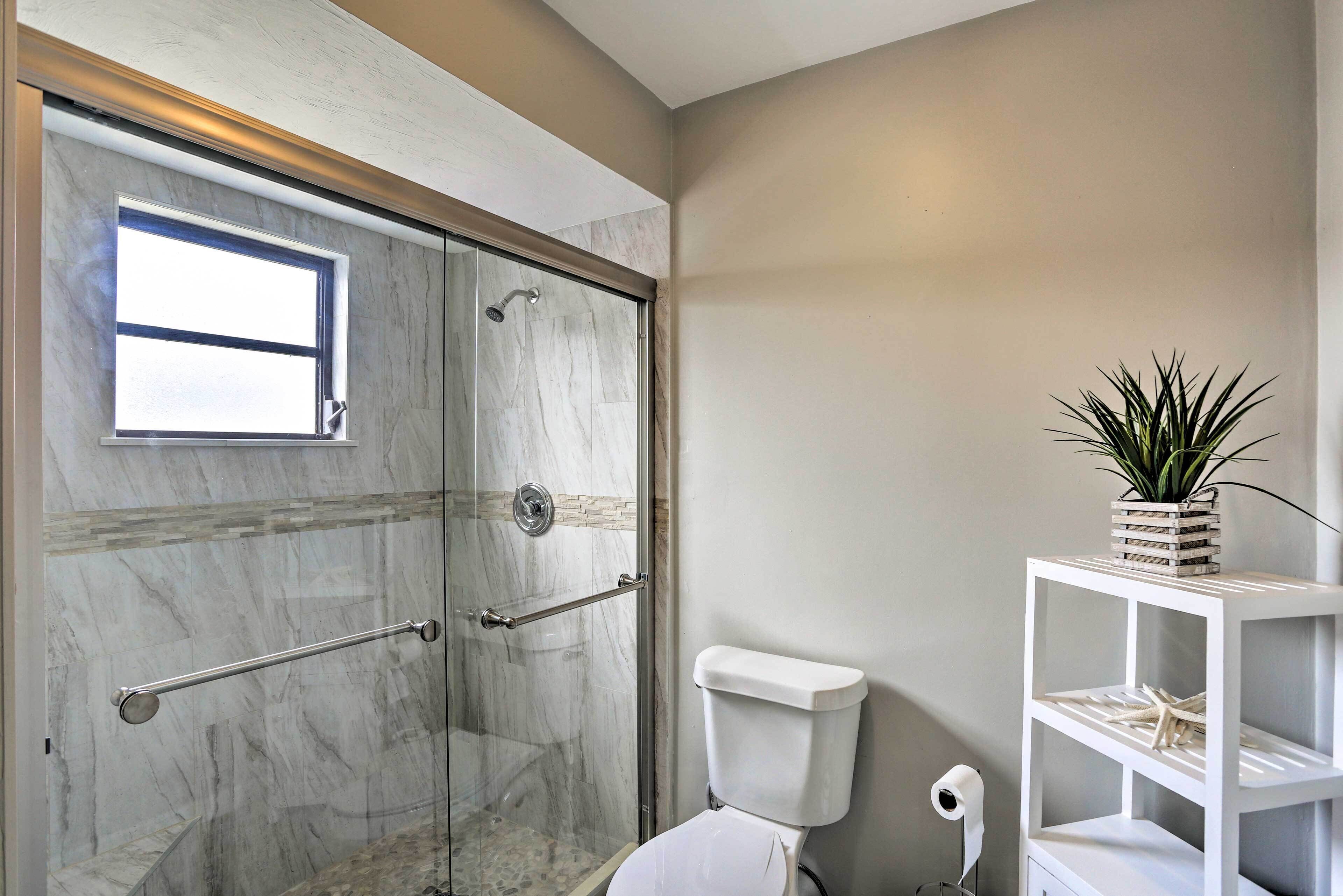 A bathroom with a glass-enclosed shower, a toilet, a shelf with a plant, and a window.