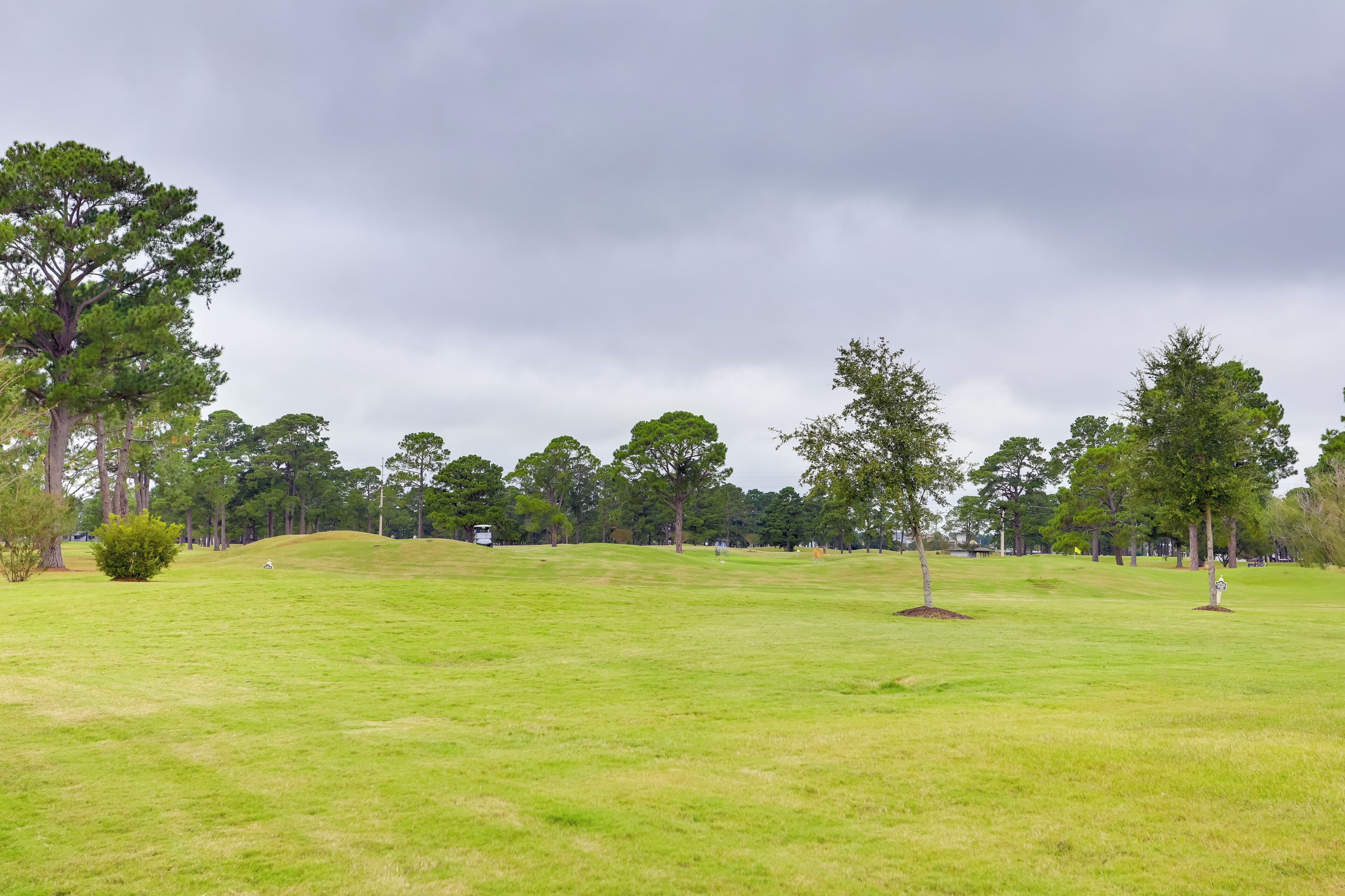 A grassy field with trees and a golf cart.