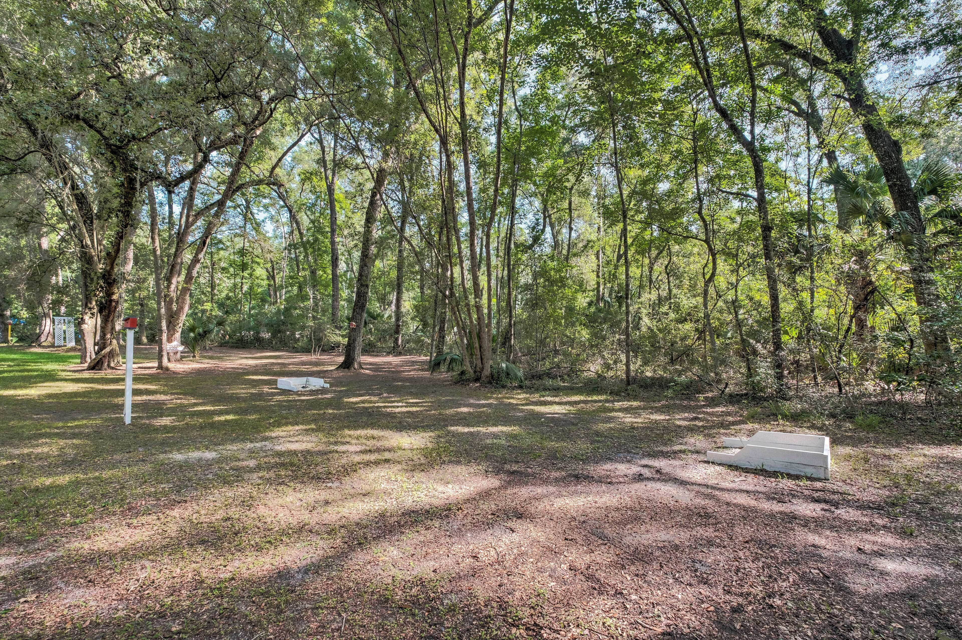 Une zone boisée avec un sentier de terre, un banc blanc et un panneau indicateur.