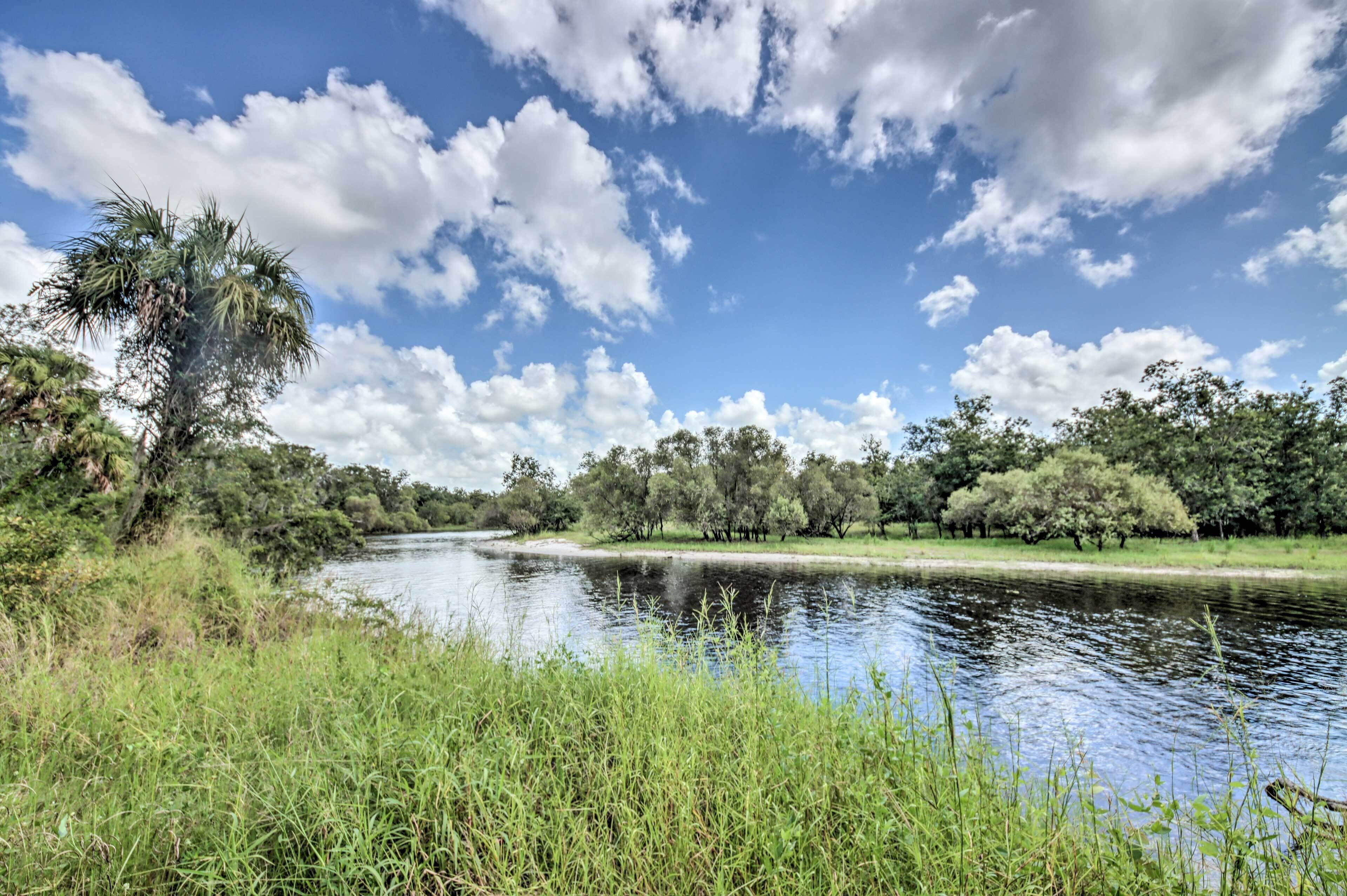 Ein Fluss mit Bäumen und grasbewachsenen Ufern, unter einem teilweise bewölkten Himmel.