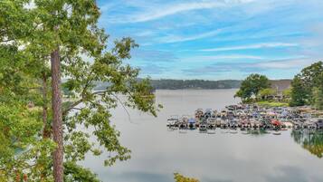 A marina with boats docked, surrounded by trees and a calm lake.