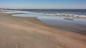A beach with wet sand and gentle waves. - Pools + Sundeck: Beachfront Hilton Head Condo! (Hilton Head Island)