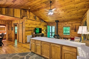 Fireplace, books - Creekside Marietta Cabin Retreat w/ Fire Pit! (Marietta)