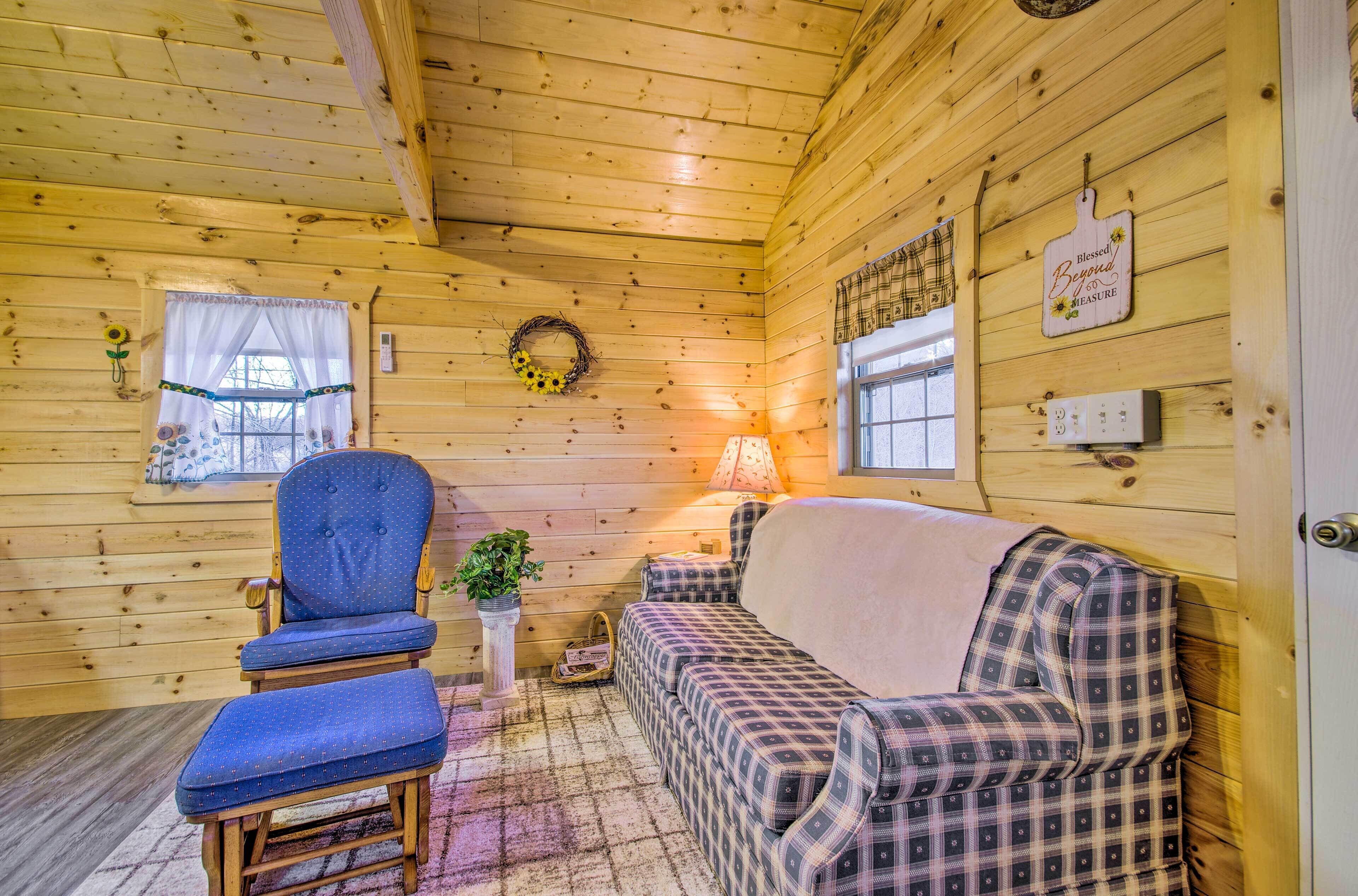 A cozy cabin interior with a plaid sofa, a blue armchair, and a small table with a plant.