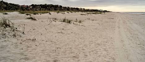 A sandy beach with dunes and a distant view of houses.