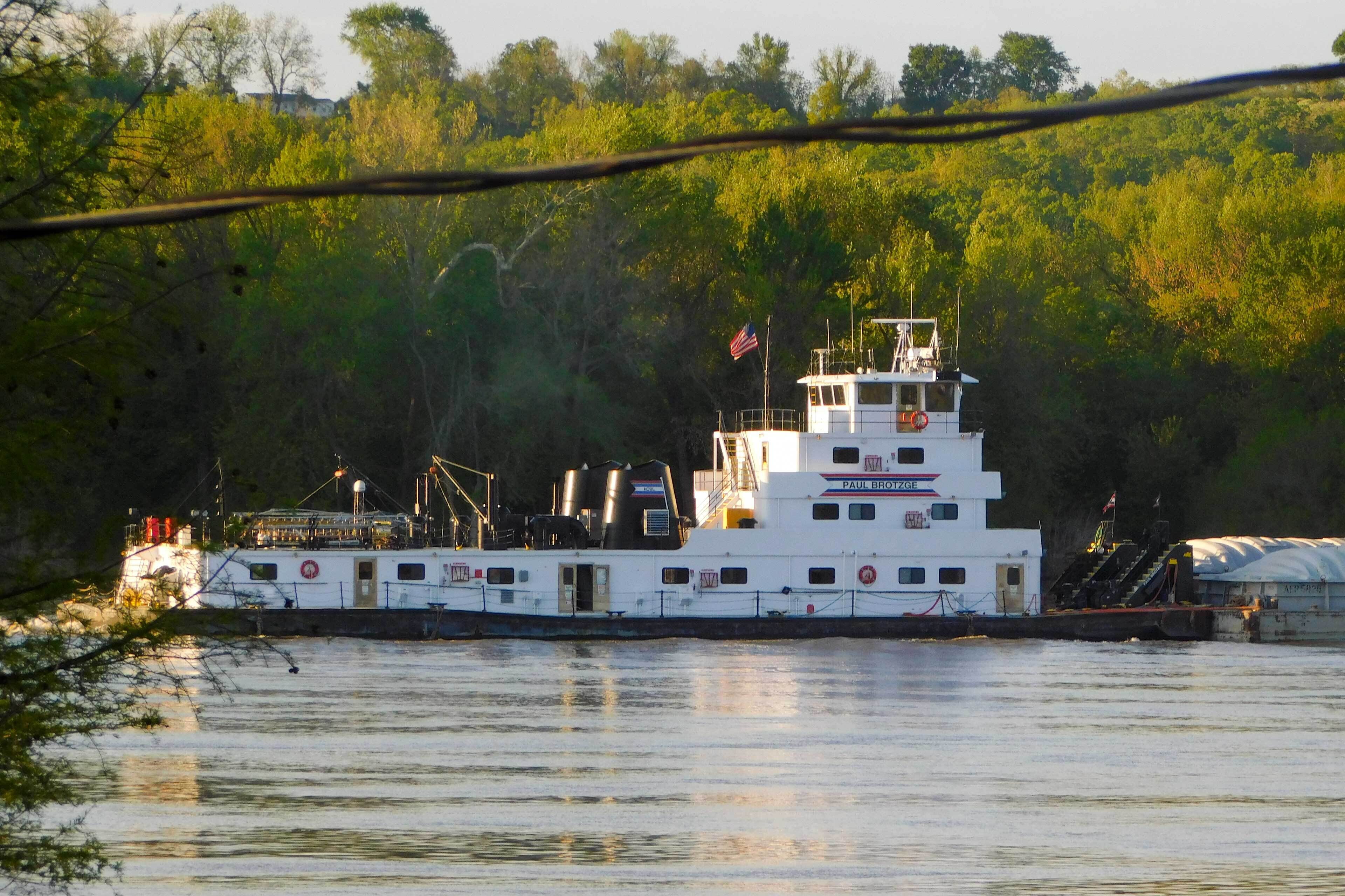 Ein weißes Flussboot liegt an einem Steg, im Hintergrund ein bewaldetes Ufer.