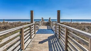 A wooden boardwalk leading to the beach with railings on both sides. - Resort Perks & Pools: Townhome By Barefoot Landing (Myrtle Beach)