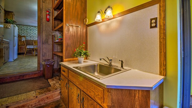 A kitchen with wooden cabinets, a double sink, and a potted plant. - Peaceful Missouri Home, 25 Mi to Truman Lake! (Cole Camp)