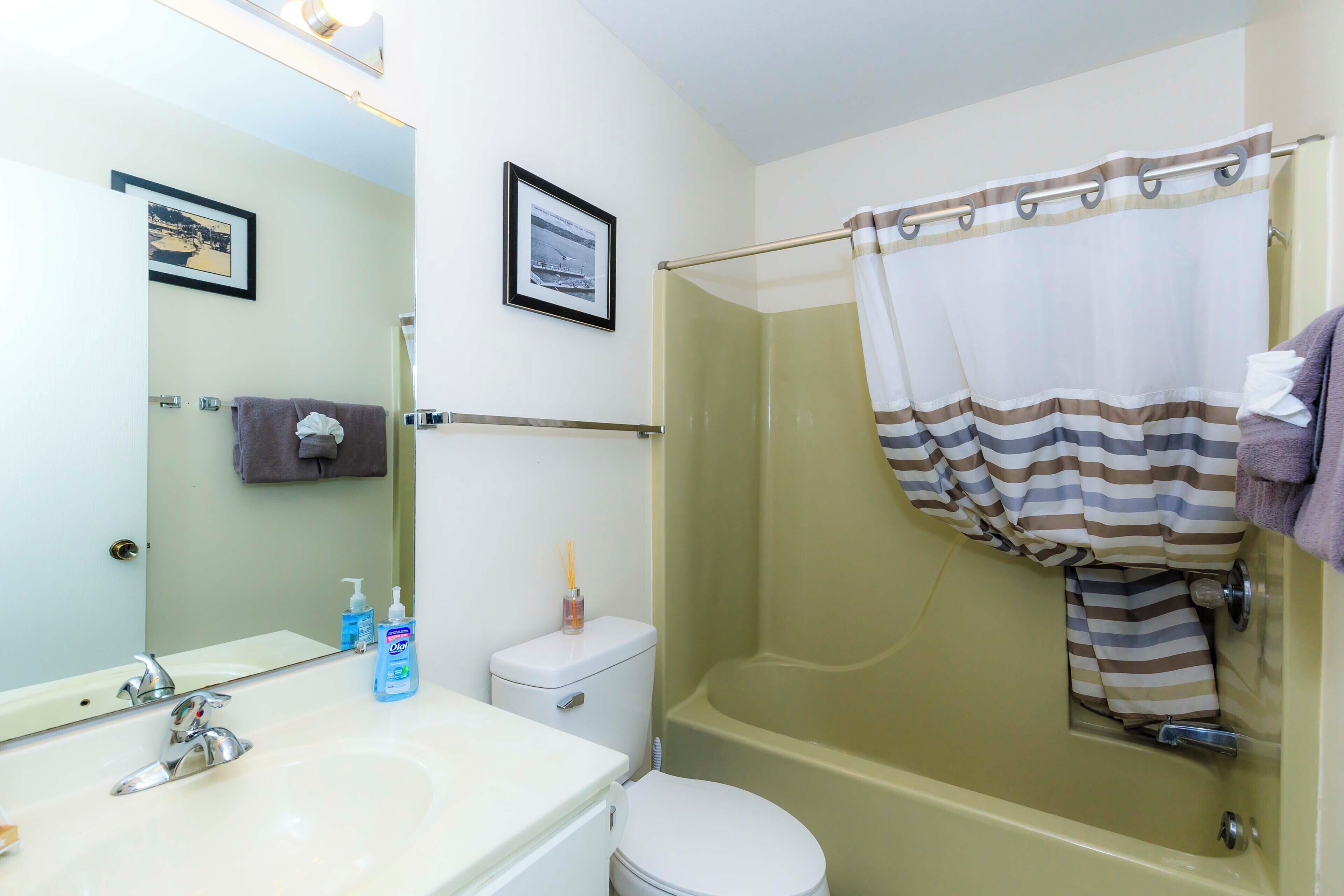 Une salle de bain avec un lavabo, des toilettes et une baignoire. Les murs sont ornés de tableaux encadrés, il y a un porte-serviettes et un rideau de douche.