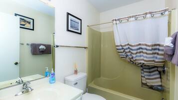 Une salle de bain avec un lavabo, des toilettes et une baignoire. Les murs sont ornés de tableaux encadrés, il y a un porte-serviettes et un rideau de douche.