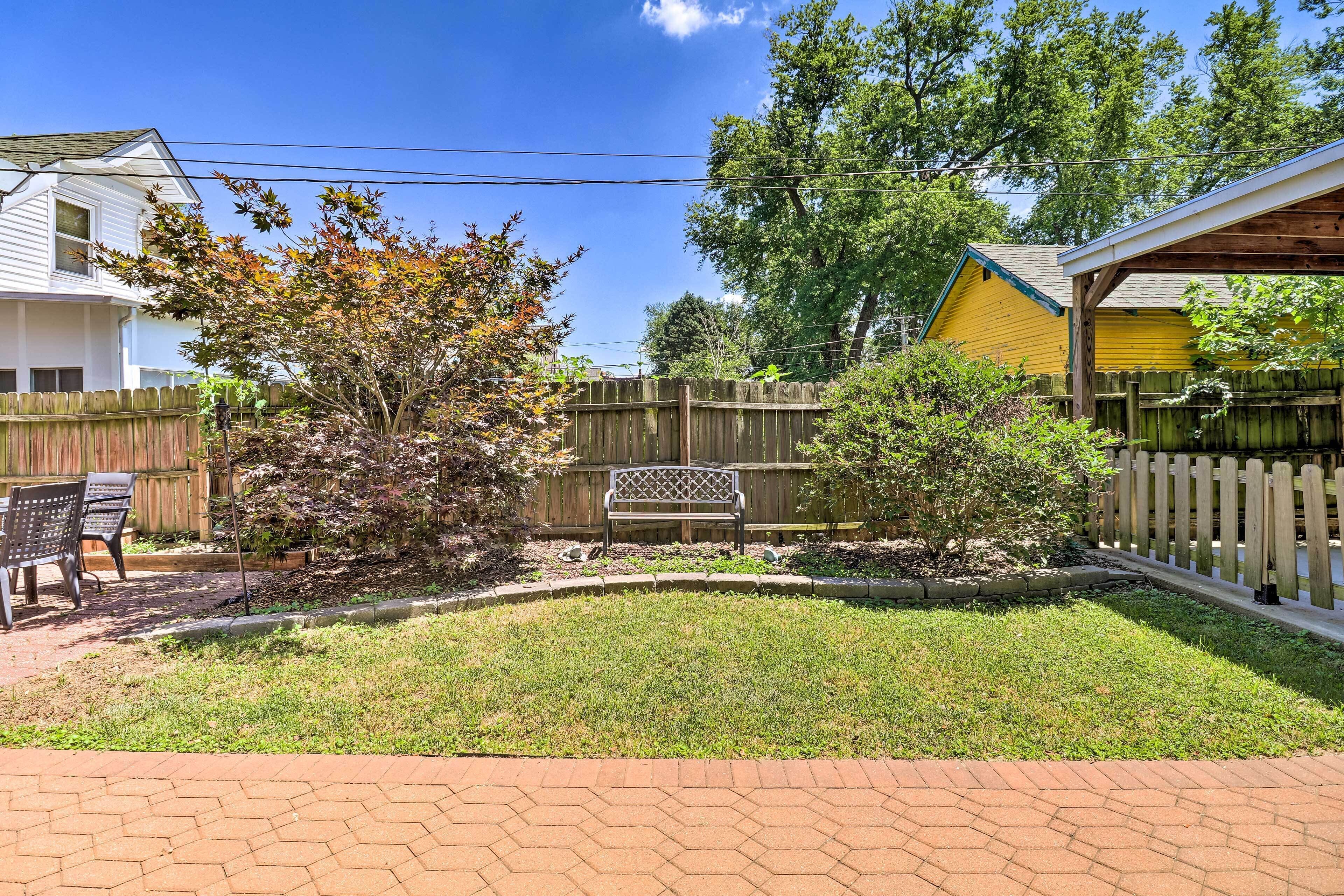 A backyard with a wooden fence, a bench, and a small tree.