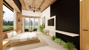 A modern bedroom with a large bed, a TV mounted on the wall, and a view of the outdoors. - Best Villa (La Fortuna)