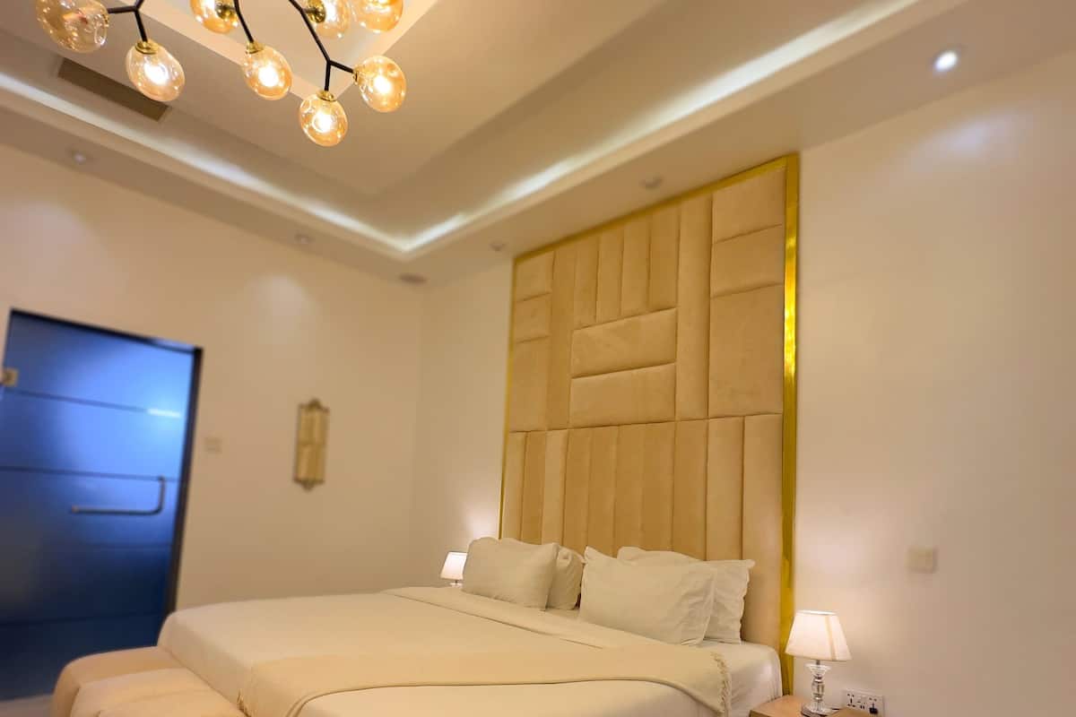 A modern bedroom with a large bed, a unique ceiling light fixture, and a bedside table with a lamp.