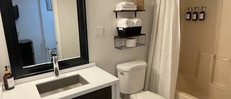 Hair dryer, towels, soap, shampoo