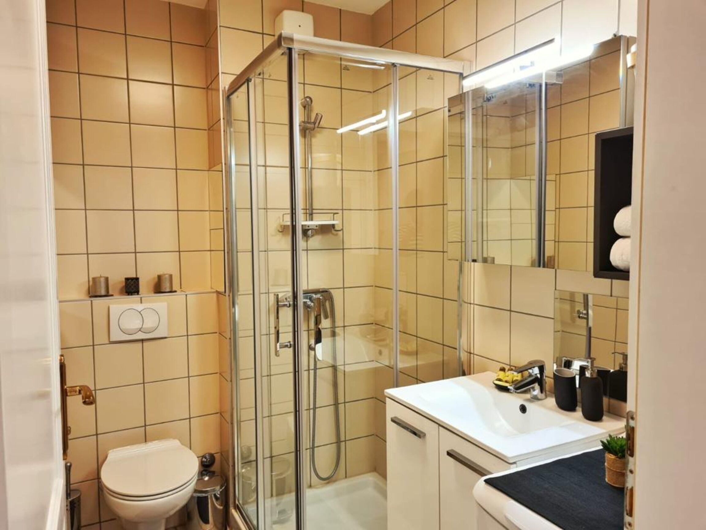 A modern bathroom with a glass-enclosed shower, a toilet, a sink, and a mirror.