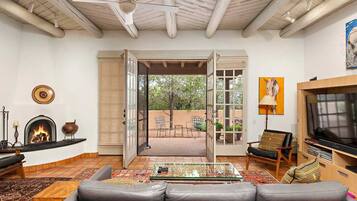 Smart TV, chimenea, reproductor de DVD y libros