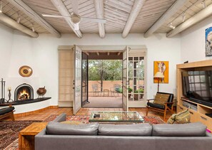 TV connectée, cheminée, lecteur de DVD, livres