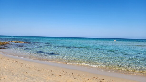 A beach with clear water, sandy shore, and distant rocky outcrops. - Villa Capperi - Very Private Villa with Pool for Full Relax (Puglia)