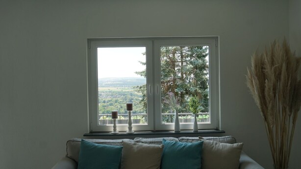 A room with a large window, a sofa with teal cushions, and a tall plant beside the window. - Ferienhaus mit Wunderschöner Aussicht in Zentraler Lage (Weitersburg)