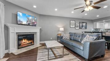 Smart TV, fireplace, DVD player