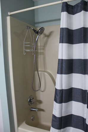 Hair dryer, towels, soap, toilet paper