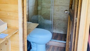 A wooden interior with a glass shower enclosure, a toilet, and a small shelf with items. - Ecohotel Portillo de San Bernardo  (Vergara)