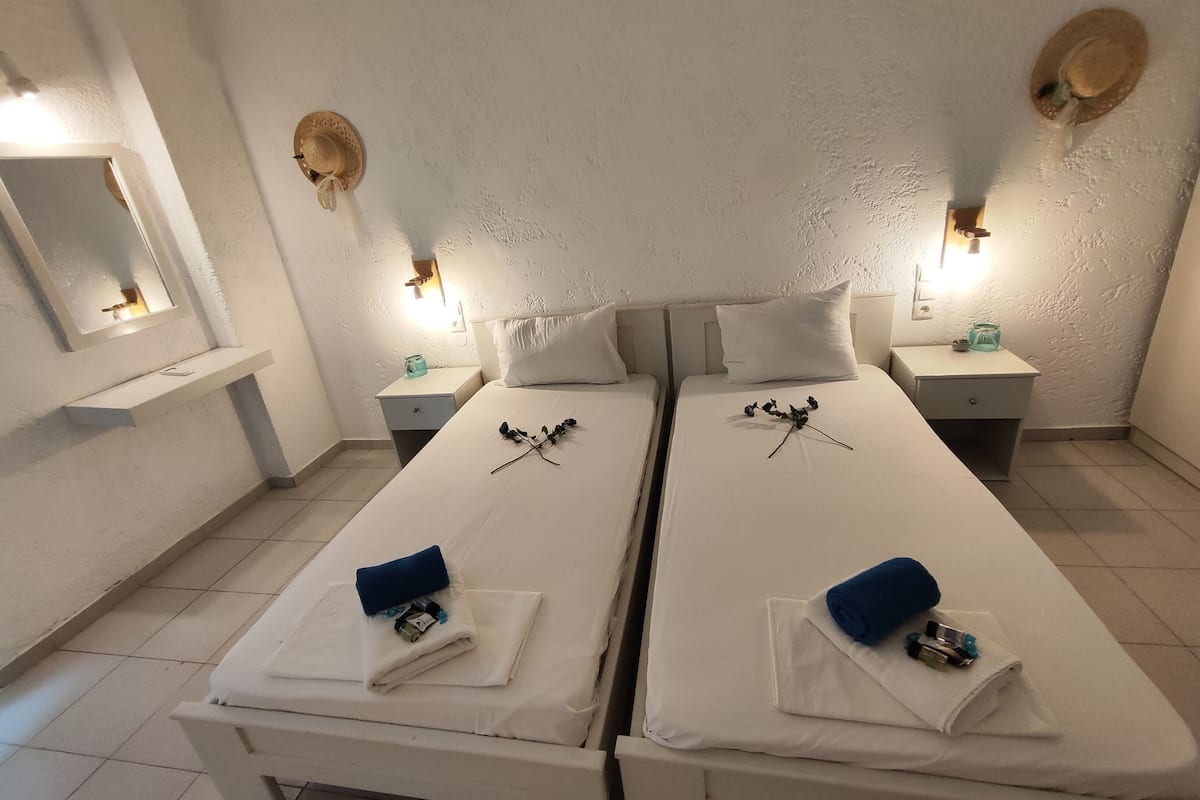 A twin room with two beds, each with a pillow, a bedside table with a lamp, and a mirror on the wall.