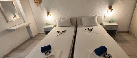 Habitación doble con dos camas, cada una con un cojín, una mesita de noche con lámpara y un espejo en la pared.