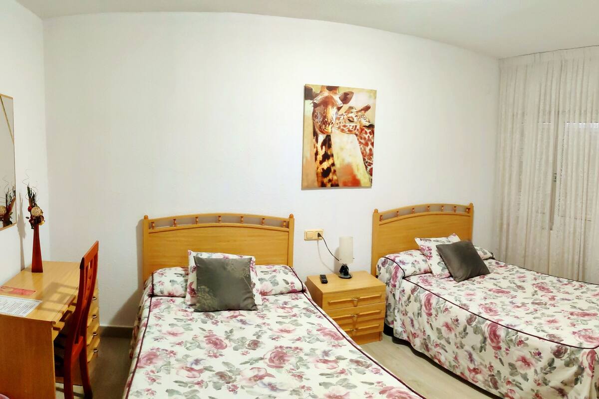Een kamer met twee eenpersoonsbedden, een houten bureau, een stoel, een televisie en een schilderij aan de muur.