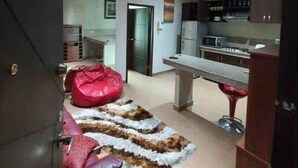Un salon moderne avec un canapé, un fauteuil en forme de poire rouge et un tapis à motifs.