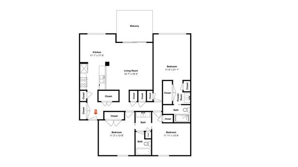 Ein Grundriss eines Hauses mit Balkon, Küche, Wohnzimmer, zwei Schlafzimmern und zwei Bädern.