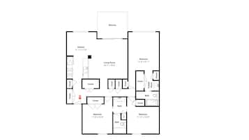 A floor plan of a house with a balcony, kitchen, living room, two bedrooms, and two bathrooms.